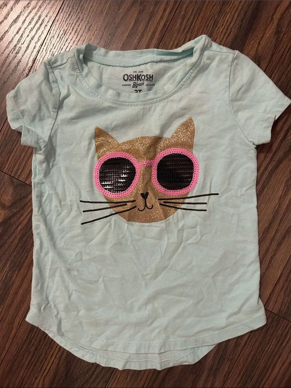 OshKosh B'gosh Light Blue Tee with Gold Sparkle Cat and Pink Sequin Sunglasses